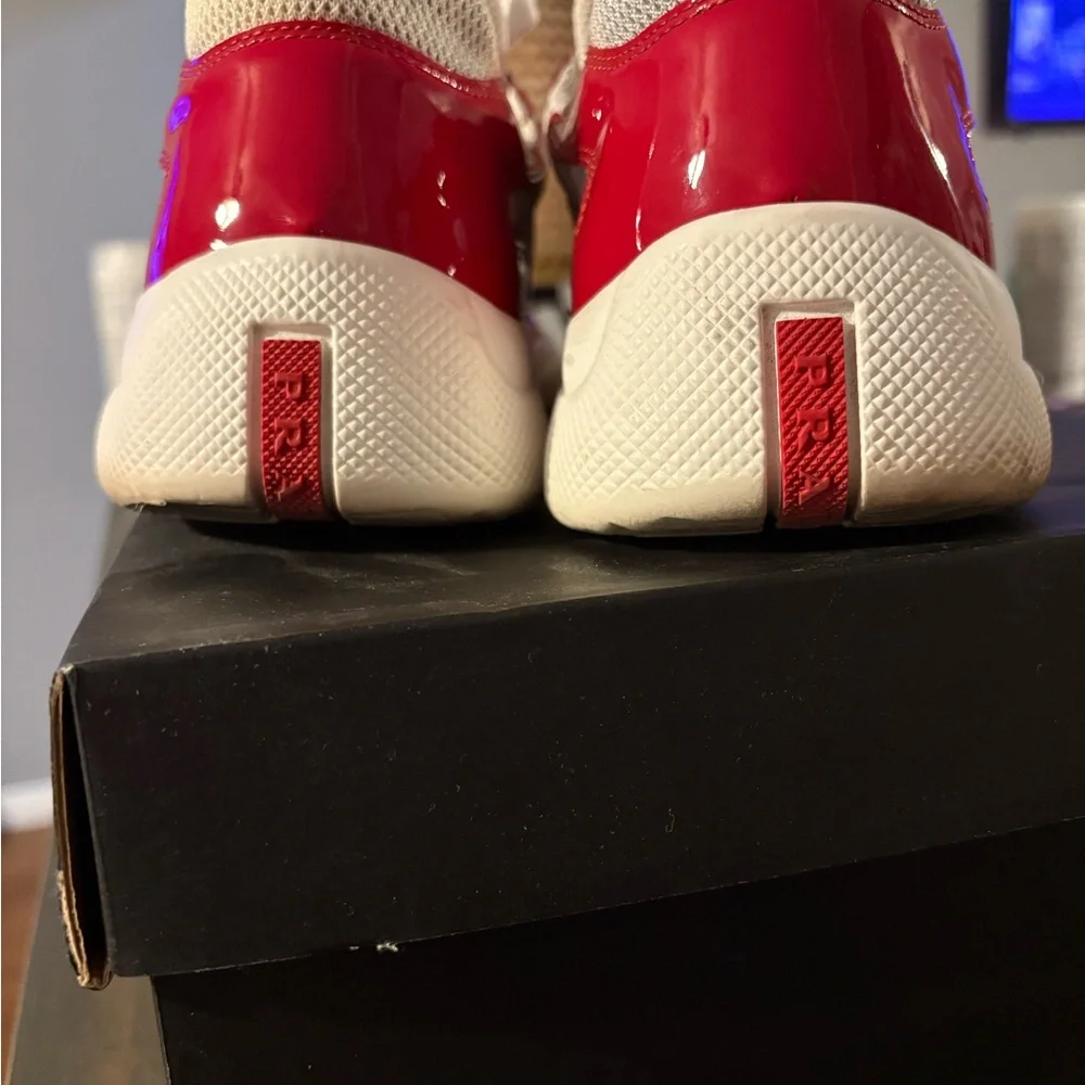 Prada Red and White Lace-Up Sneakers - Picture 3 of 5